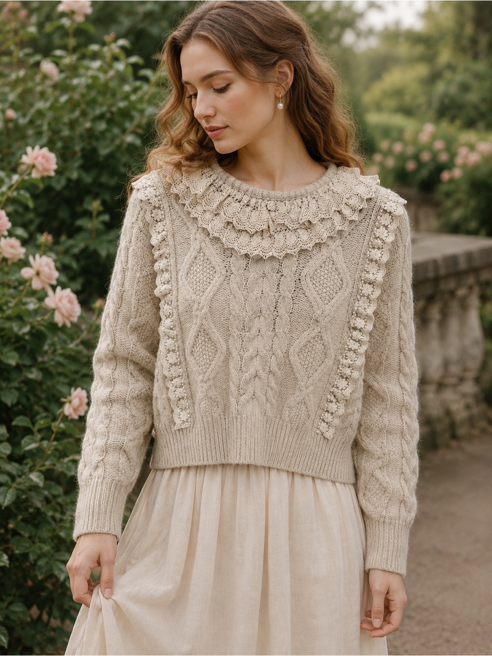 Zara Lace Collar Cable Knit Sweater Pearl Detail Cottagecore Romantic Small